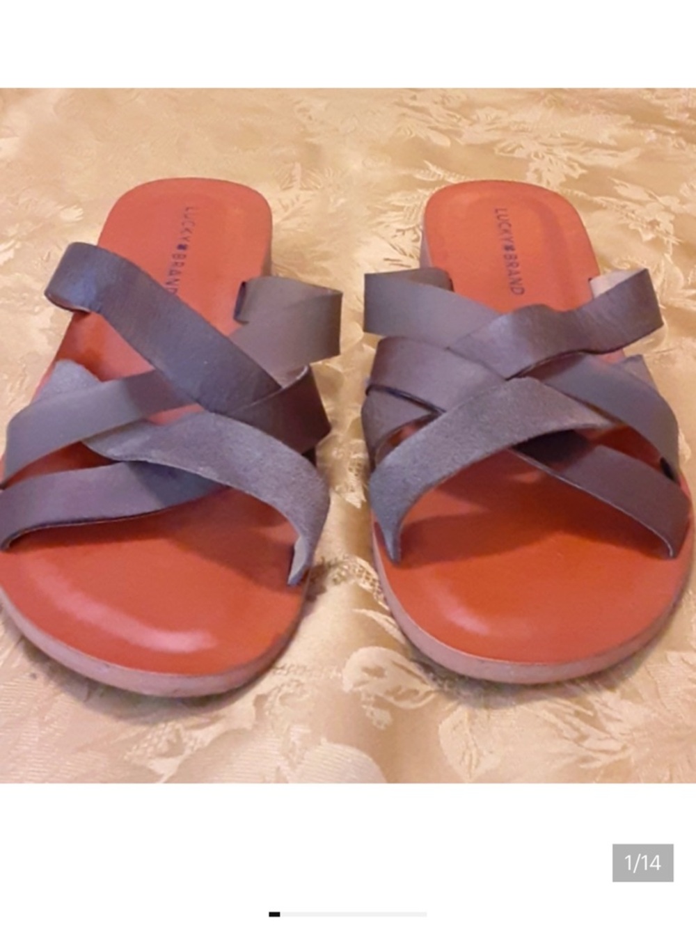 Lucky Brand Hallisa Gray Crisscross Slide Sandals with Rust Footbed